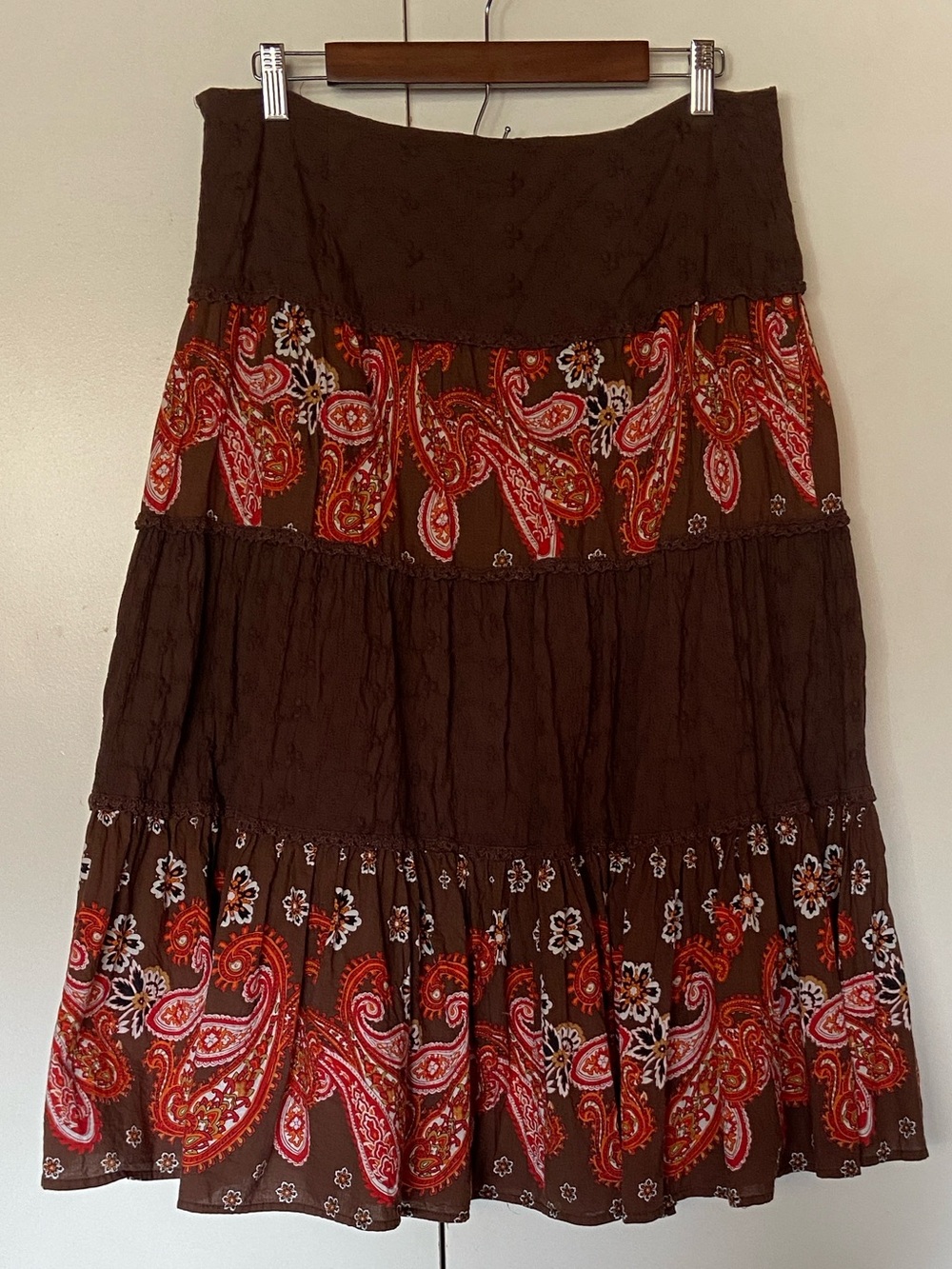 Boho Prairie Tiered Chocolate Brown Skirt with Paisley Panels John Paul Richard